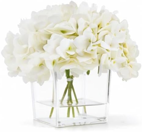 Silk Hydrangea Artificial Flowers in Vase with Faux Water, Silk Flower Arrangements in Vase for Wedding, Dining Table, Living Room (Cream White)