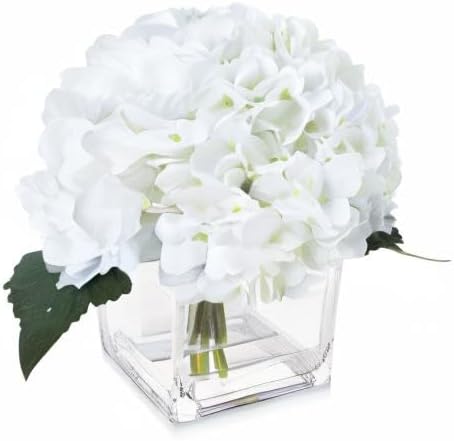 Silk Hydrangea Artificial Flowers in Vase with Faux Water, Silk Flower Arrangements in Vase for Wedding, Dining Table, Living Room (White)
