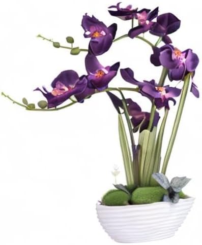 Large Artificial Potted Orchid Plant, Silk Flower Arrangement with Ceramics Vase, Dark Purple