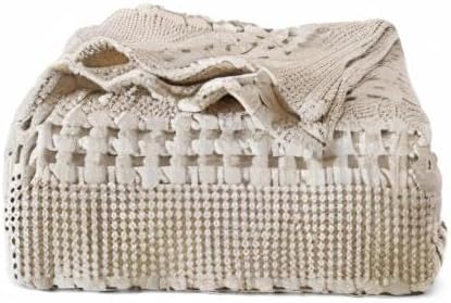 PHF 100% Cotton Waffle Weave Blanket Queen Size for Bed, Soft Lightweight & Breathable, All-Season Comfort, Luxury Aesthetic Woven Bedding for Home Decor, 90"x90", Oatmeal