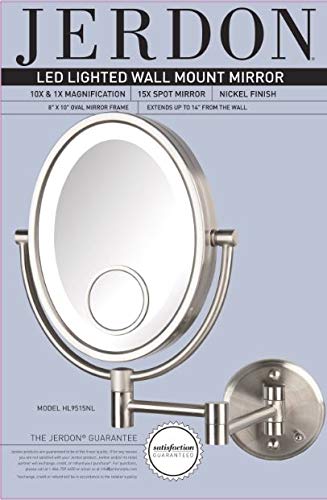 JERDON Two-Sided Wall-Mounted Makeup Mirror with Lights - Lighted Makeup Mirror with 10X Magnification & Wall-Mount Arm - Oval Mirror with Nickel Finish Wall Mount - Model HL9515NL