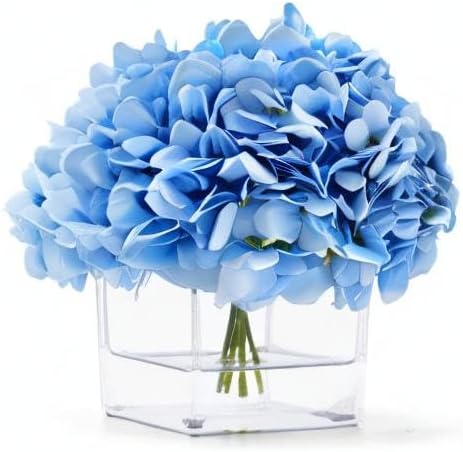 Silk Blue Artificial Hydrangea in Vase with Faux Water, Silk Flower Arrangements in Vase for Home Decor, Wedding Table (Blue)