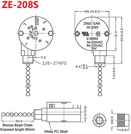 Ceiling Fan Switch Zing Ear ZE-208s E89885 3 Speed 4 Wire Pull Chain Switch Fan Light Switch Replacement Part with 4 Pre-Installed Wires(Brass Chain)