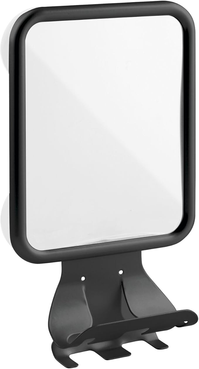 mDesign Large Modern Metal Suction Shaving Mirror Center for Bathroom Showers and Tubs - Holders for Shaving Cream and Razors - Matte Black