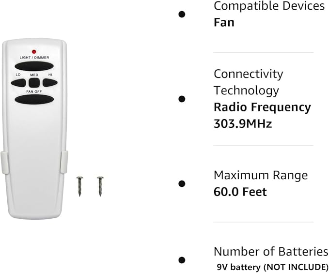 Fan-HD Ceiling Fan Remote Control Replacement for Hampton Bay Hunter, 303.9MHz Light Dimmer w/ 3-Speed, Replace for UC7078T CHQ7078T CHQ8BT7078T L3H2014FANHD L3H2010FANHD HD5(Remote Only)