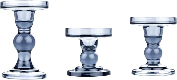 KiaoTime Set of 3 Glass Pillar Candle Holder Candlestick Taper Candle Set Crystal Blue Candlesticks Holder for Home Fireplace Table Bath Wedding Decoration