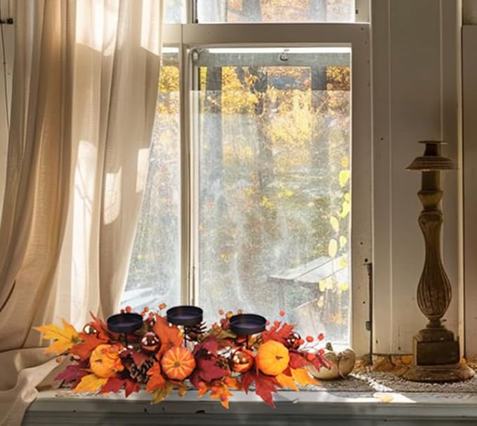 Fall Candle Holder Centerpiece for Table – Thanksgiving Table Decor with Pumpkins, Maple Leaves,Autumn Harvest Decoration with 3 Candle Holders for Dining Table, Fireplace & Home Decor
