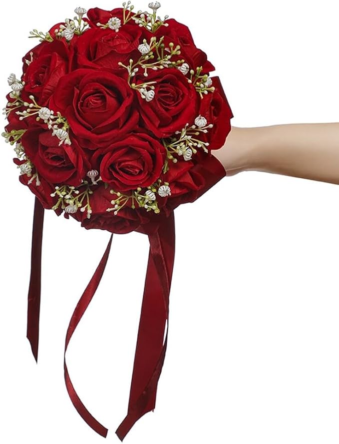 Wedding Bouquet Bride Flower Bridal Bouquets, Ribbon Artificial Rose Wedding Bouquets for Bride Bridesmaid Bouquet Dark Red Rose Bouquet Bride Bridesmaid Holding Flower for Wedding Decor