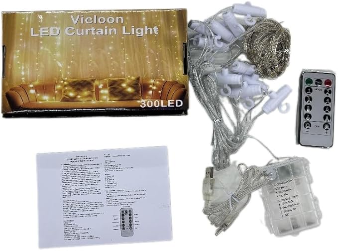 Vicloon Fairy Curtain Lights,300 LED Warm White Curtain Lights,8 Modes 9.8×9.8Ft Waterproof Window Curtain String Light USB&Battery Powered with Remote Control,String Lights Curtain for Indoor,Outdoor