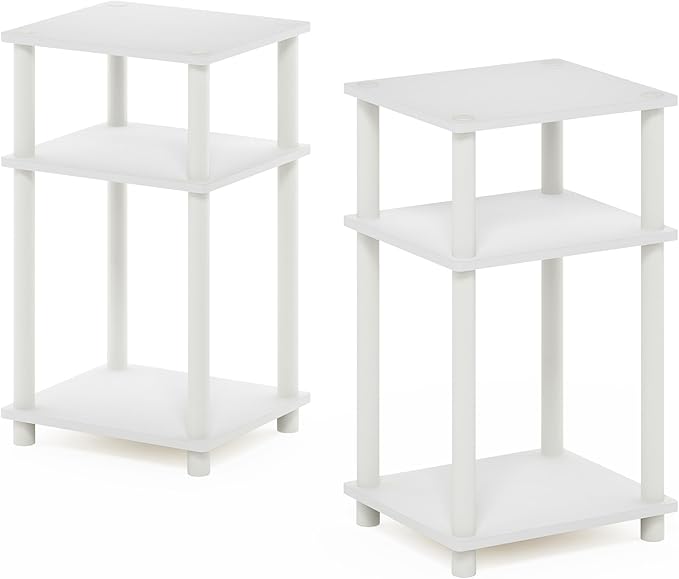 Furinno JUST Night Stand Set of 2, 3-Tier Turn-N-Tube Nightstand, Toolless Bedside Tables, End Table, Side Table with Open Storage for Bedroom, Living Room, Bathroom, White