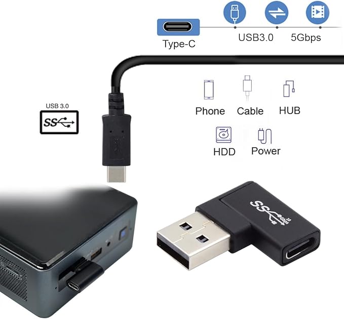 CY USB-C Type C Female to USB 3.0 A Male Data Adapter Flat Horizontal 90 Degree Right Angled for Laptop Desktop