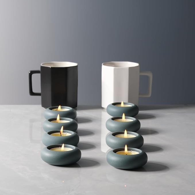 Handmade Decorative Pebble Tealight Candle Holders Set of 8 - Handcrafted Home Decor Accent for Calming Earthy Aesthetic Cement Grey Blue Diameter 2.6 inches