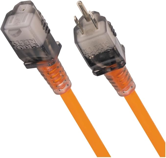 Klein Tools EXC2515 12/3 SJEOW 25-Foot Extension Cord, LED Ends, Daytime Visibility, Flexible in Cold Weather, 99.9% Copper Wire, 15A, Indoor/Outdoor