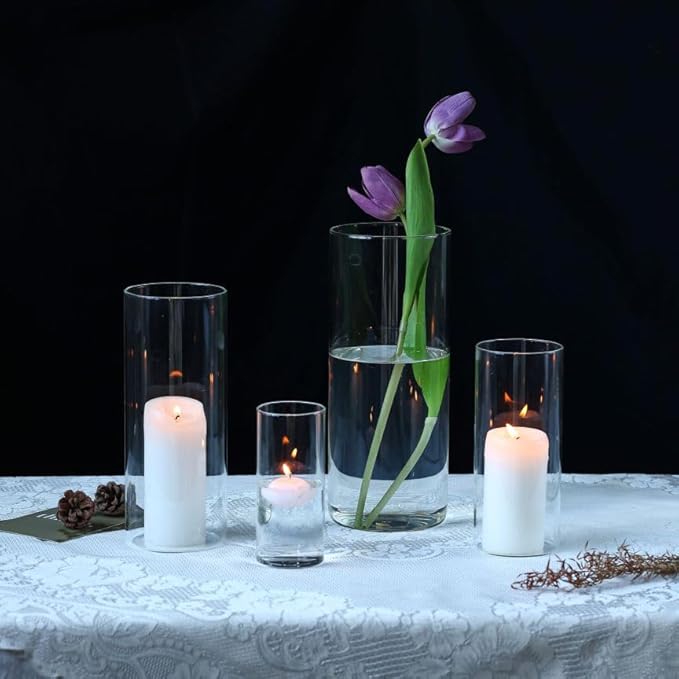 PHOSPHOR 24 PCS Glass Candle Holder - Hurricane & Pillar Candle Holder, Clear Glass Cylinder Vase for Centerpieces, Wedding & Party Decoration