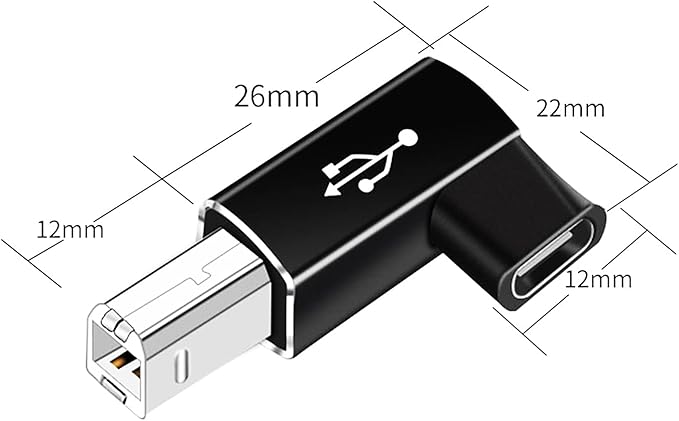 AreMe 2 Pack USB B to USB C Adapter, 90 Degree Right Angle Type C Female to MIDI Converter Compatible with Printer, Electric Piano, Laptops and More Type-C Devices