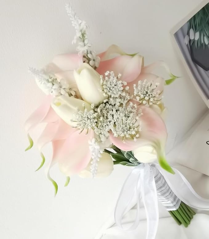 Tulips Calla Lily Artificial Flowers | Real Touch |Bridal Bouquet | Wedding Bouquet Home Décor Party (Pink 1 Bouquet)