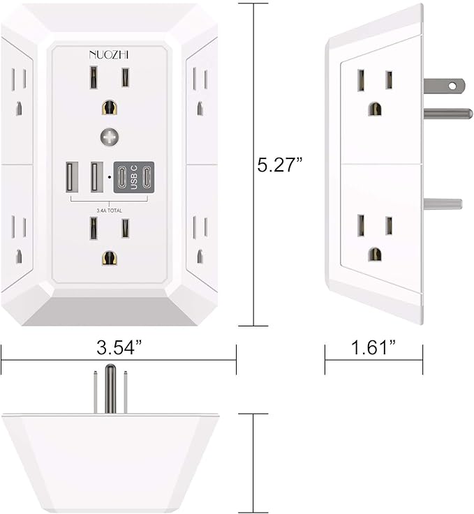 Outlet Extender Surge Protector - NUOZHI 6 Outlet Splitter with 4 USB Ports(2 USB-C), Multi Plug Wall Outlet 1680J Power Strip for Home Office Dorm Room Essentials, ETL, White