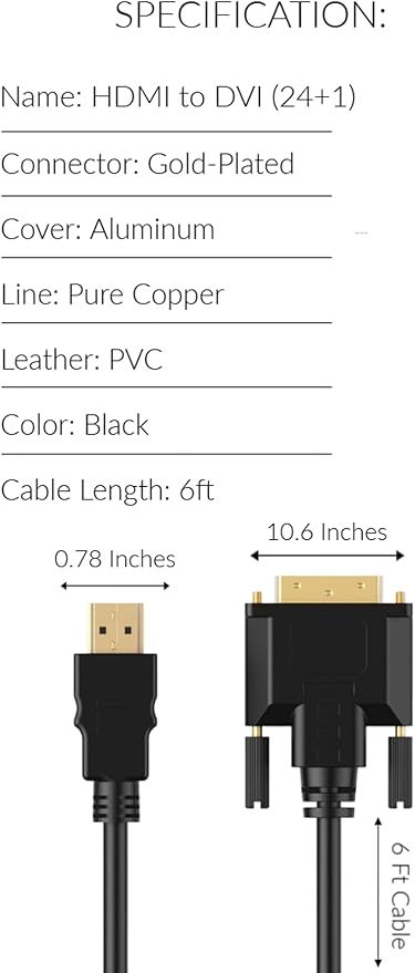 KUJOBUY HDMI to DVI Cable Adapter DVI to HDMI Cable Male to Male Adapter for TV X-Box One PS3 PS4 PS5 Gold-Plated DVID 24+1 Cord for Monitor Projector Laptop DVID Cord 6 FT