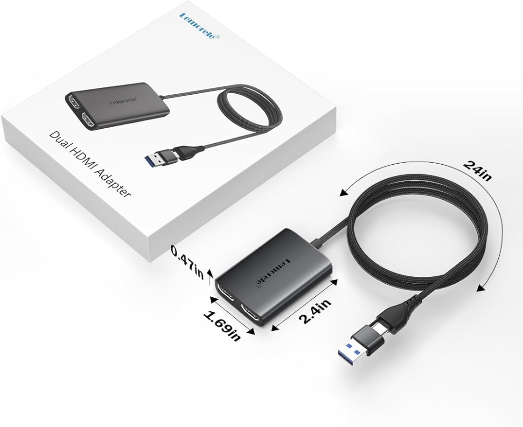 Lemorele USB A & USB C to Dual HDMI Adapter for Mac, Triple Display Adapter with MST, 2 Monitor Extended Display for M-Series, 1080P@60Hz, Compatible with macOS & Windows Driver Installation Required