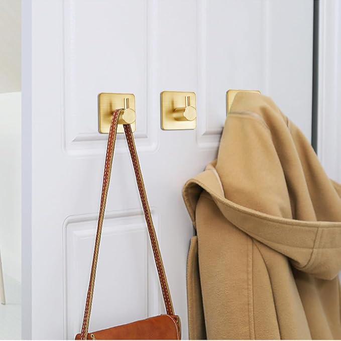 Gold Adhesive Hooks 15LB (Max), Non Tarnish Sticky Hooks for Hanging Towels, Coat, Backpack, Purse, Hat, Key, Self-Adhesive Towel Holder for Shower Closet Bathroom-4 Packs