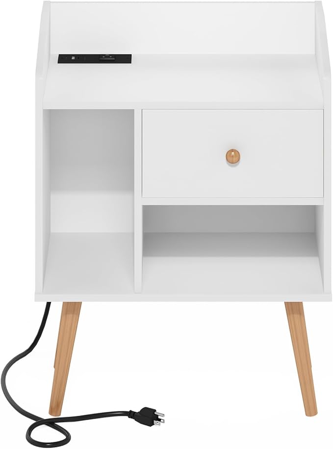 Furinno Claude Side Table, Mid Century End Table with Charging Station, Wooden Legs Night Stand, Bedside Table with USB and Type-C Charging Port, for Living Room, Bedroom, White