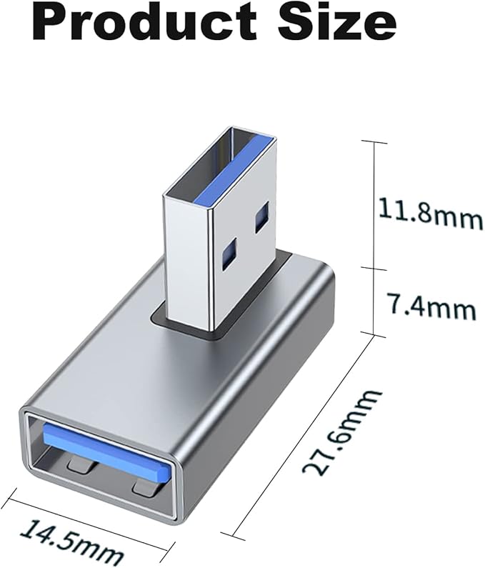 AreMe 90 Degree USB 3.0 Adapter 2 Pack, Right Angle USB A Male to Female Converter Extender for PC, Laptop, USB A Charger, Power Bank and More (Grey)