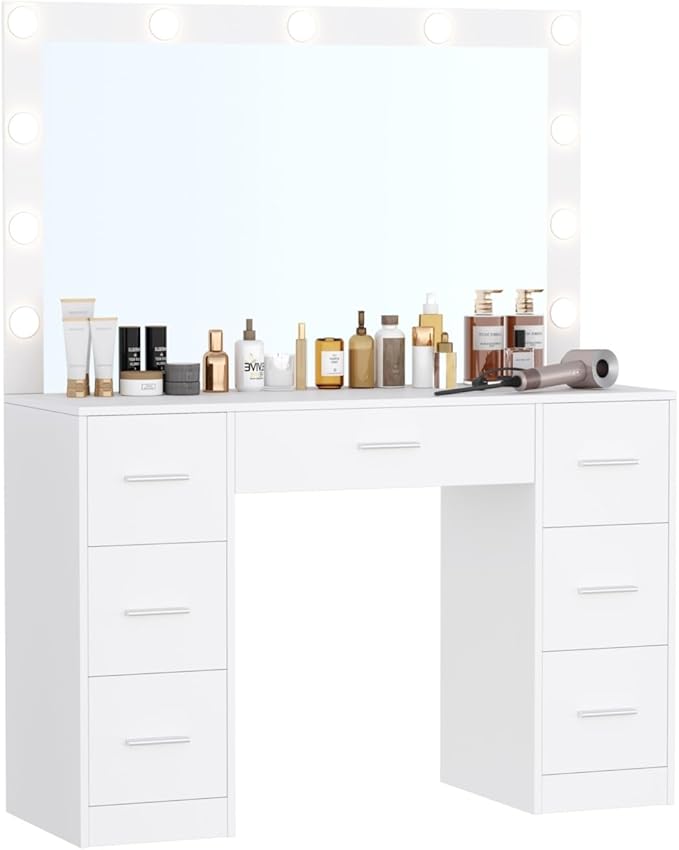 Irontar Vanity Table, Makeup Desk with Lighted Mirror, Dressing Desk with Drawers and Adjustable Brightness, 3 Color Lighting Modes, Vanity Desk for Women(White)