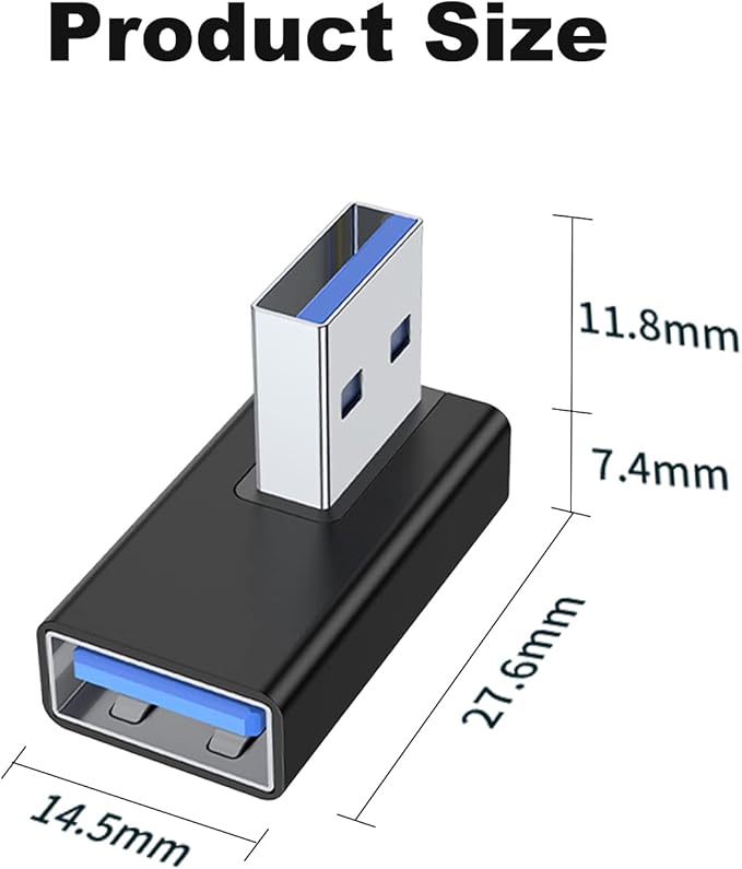 AreMe 90 Degree USB 3.0 Adapter 2 Pack, Right Angle USB A Male to Female Converter Extender for PC, Laptop, USB A Charger, Power Bank and More (Black)
