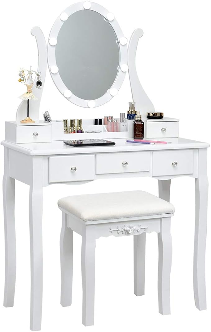 CHARMAID Makeup Vanity Table with Lighted Mirror, Vanity Desk with 10 LED Lights, Adjustable Brightness, 5 Drawers and Removable Storage Organizer, Bedroom Dressing Table with Stool (White)
