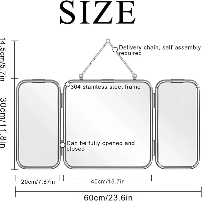 30 * 60cm Modern Tri-Fold Glass Mirror with Chain, Foldable Vanity Makeup Mirrors, Home Wall-Mounted Bathroom Mirror with Metal Frame for to See Back of Head