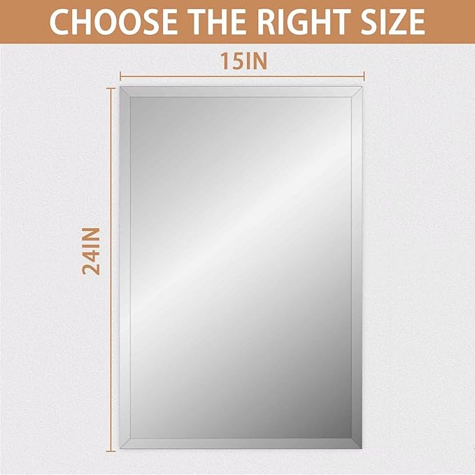Frameless Mirror for Bathroom Vanity,15x24in Wall Mounted Mirrors for Over Sink Decorative Rectangular Frameless Mirror,With Polished Edge,Hangs Horizontally Or Vertically,Entryways,Room,Shatterproof