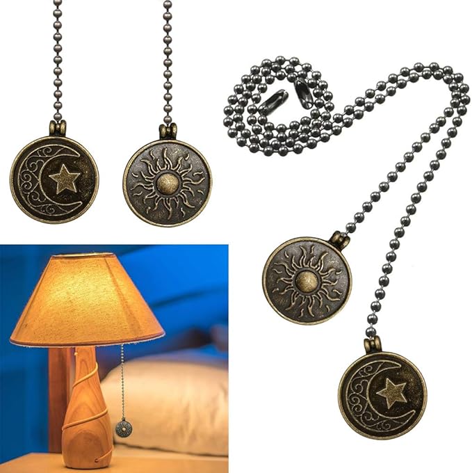 Copper Ceiling Fan Pull Chain Set, Decorative Totem Fan Pull Chain Pendant Extension, 12 Inches Lighting & Fan Beaded Ball Chain Extender Ornament with Connector, Moon and Sun (2Pack)