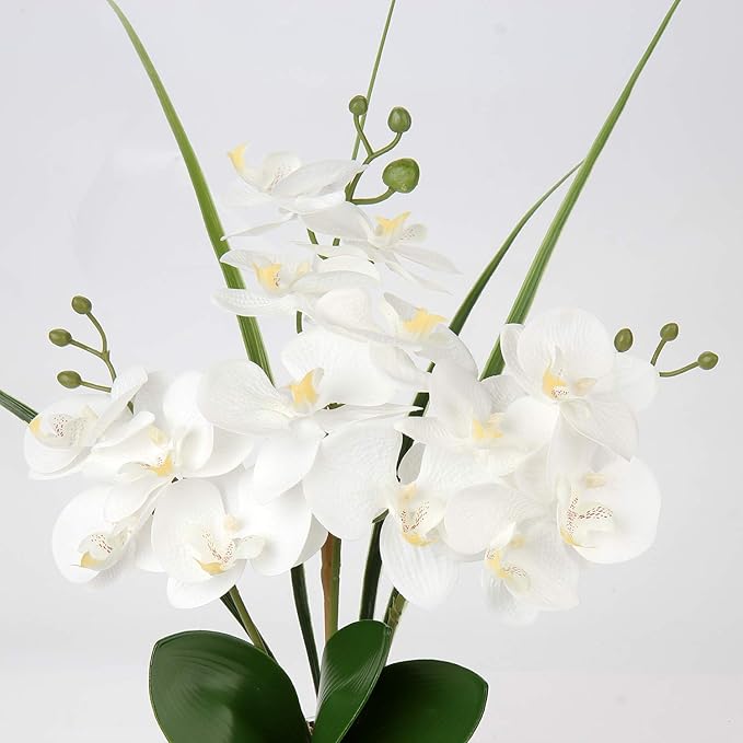 Oairse Artificial White Phalaenopsis Orchid Flower Arrangements 20.8" Faux Orchid Flower in Silver Pot Orchid Centerpiece for Dining Room Table