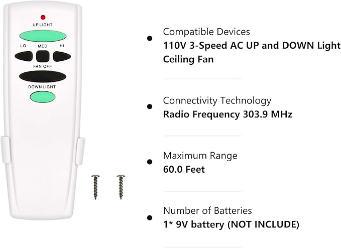 Replacement Remote for Hampton Bay Ceiling Fan Remote Control,with Up Down Light Control Dimmer 3-Speed, for UC7078T CHQ7078T UC7083T CHQ7083T L3H2010FANHD Fan-HD6UDL(Remote Only)