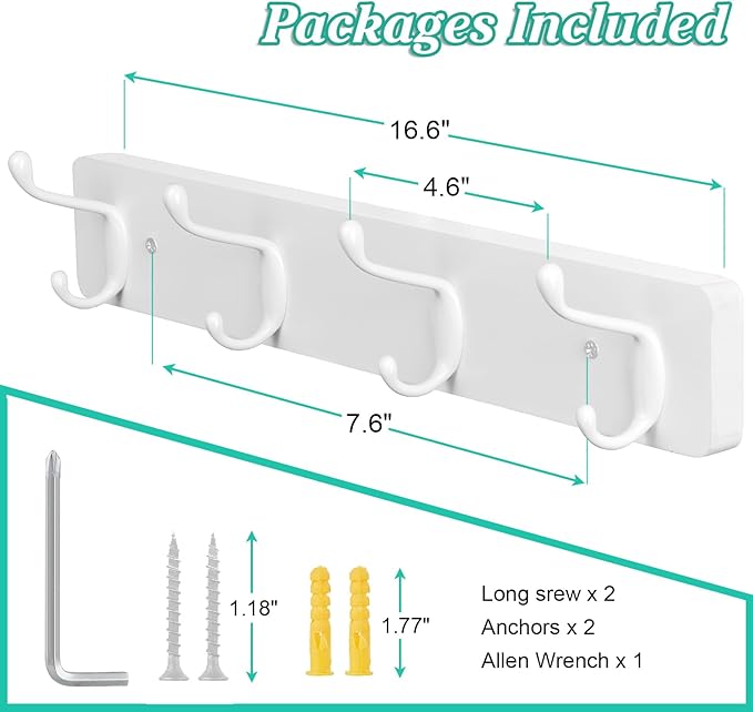 2 Pack Coat Rack Wall Mount - White Coat Hooks Wall Mounted for Sunglasses Jackets Hats Purse Dog Leashes Towels - Coat Hanger for Entryway Closet Mudroom Laundry Room Bathroom