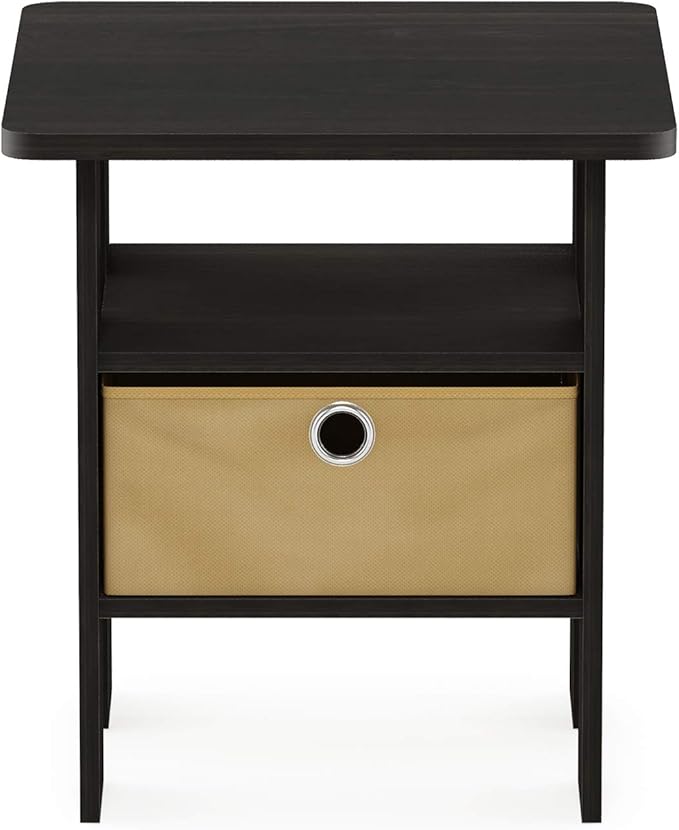 Furinno ANDREY Side Table, End Table, Night Stand with Open Shelves and Storage Bin, Bedside Table, for Living Room, Bedroom, Espresso