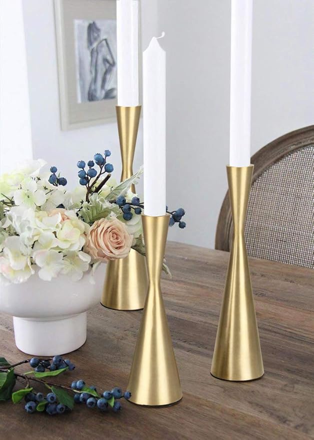 Vixdonos Brass Gold Taper Candlestick Holders Metal Candle Holders Set of 3 Table Mantel Decorative Candle Stand for Wedding, Dinning, Party,Home Decor (Gold)