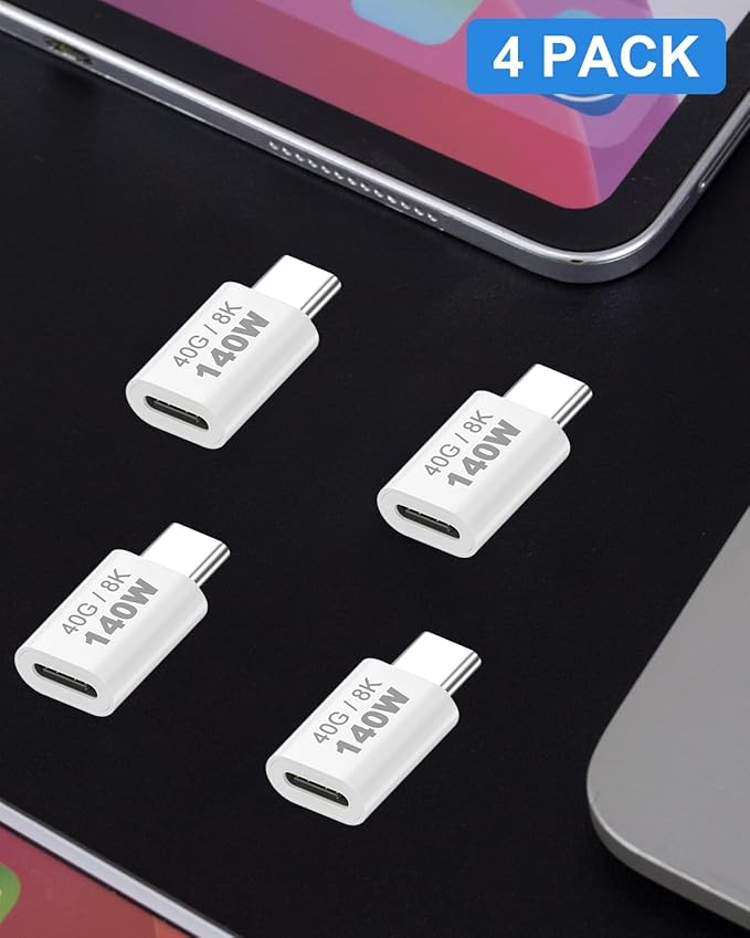 Danfetsoy 140W USB-C Male to Female Adapter, 40Gpbs USB C Male to Female Adapter Thunderbolt 3/4 Suport 8K@60HZ for iWatch, Airpods, iPad (4-Pack)