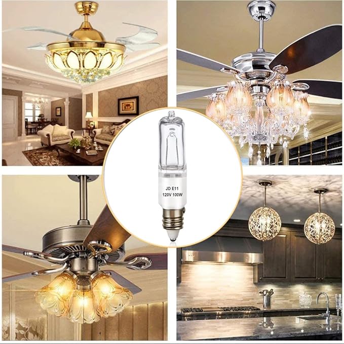 4 Pack JDE11 Bulb,120V 100W Halogen Candelabra Bulbs,T4 Mini Base JD E11 Bulb ,Dimmable 2700K Warm White(Replacement E11 LED bulb,for Chandeliers,Candelabra,Ceiling Fan, Table Lamps, Cabinet Lighting