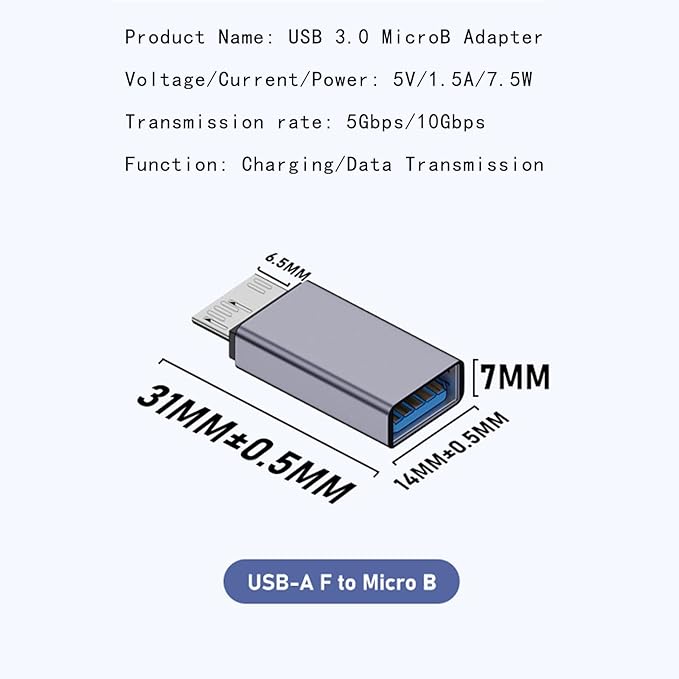 10Gbps Micro B Male to USB-A Female Adaptr, USB 3.0 Micro B Converter, Data Transfer up for Hard Drive Cable, External Hard SSD Drive, Tablet, Phone, Laptop