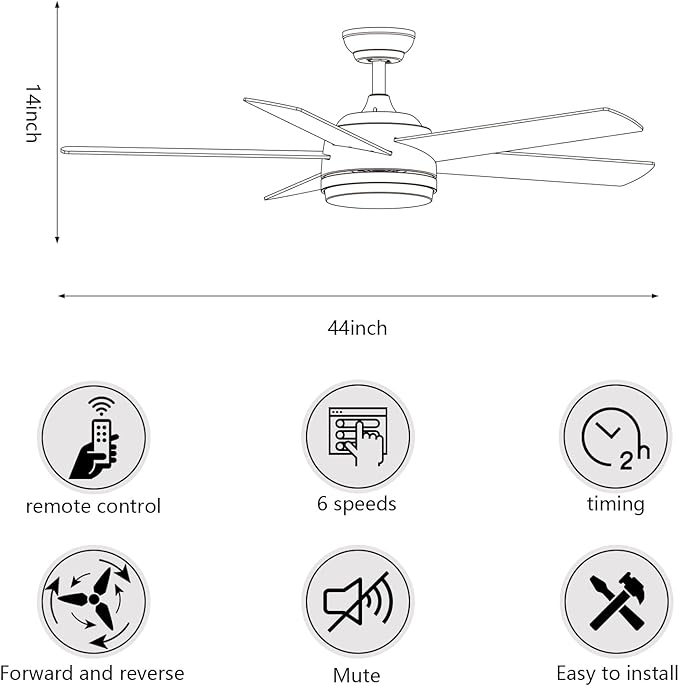YUHAO 44 Inch Black Ceiling Fan with Light and Remote Control.Noiseless,Dimmable,3CCT,6 Speeds Reversible, DC Ceiling Fans for Indoor or Covered Outdoor