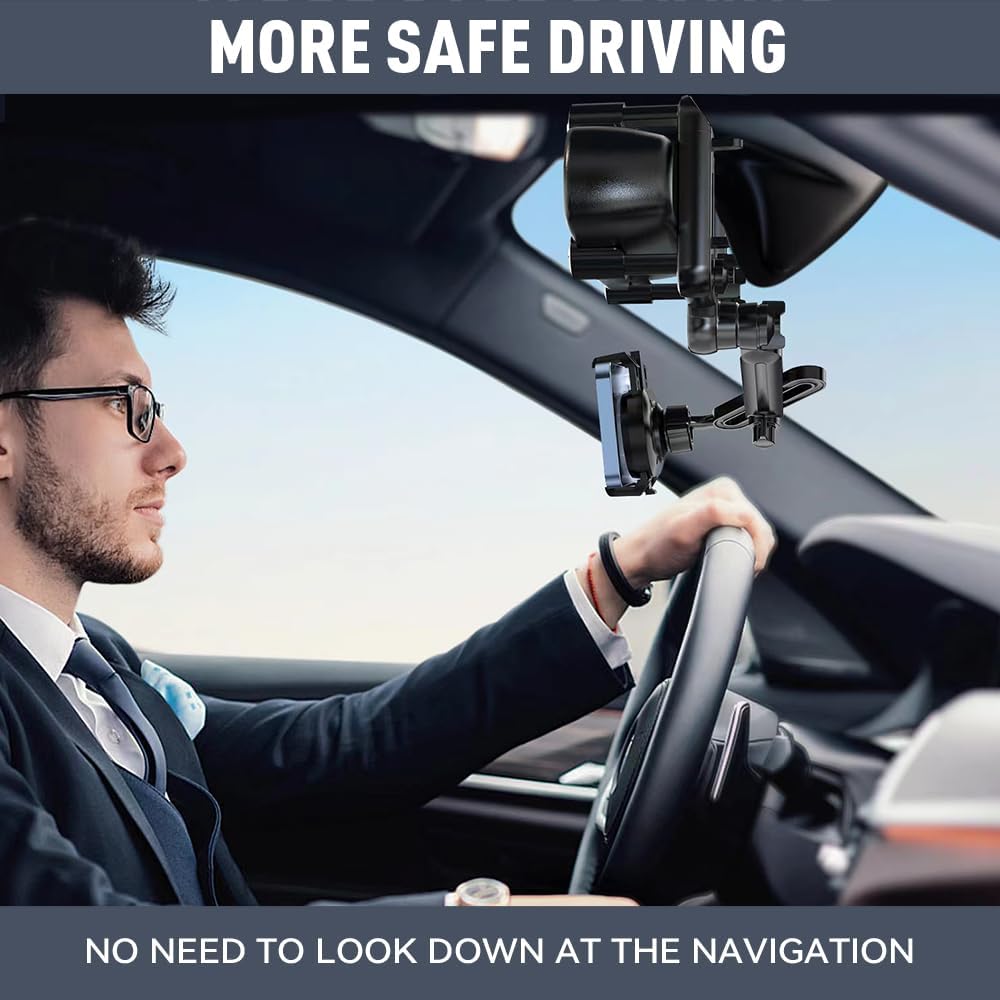 Rearview Mirror Phone Holder for Car, 360° Rotatable Anti-Shake Design for All Phones and Cars
