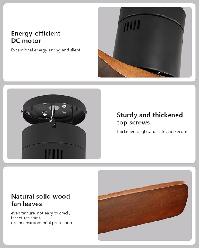 Sofucor Ceiling Fan No Light, 52 Inch Flush Mount Ceiling Fan With Remote Control, Indoor/Outdoor Ceiling Fans Without Lights, Reversible DC Motor, 3 Blade Solid Wood Ceiling Fans for Bedroom Patio
