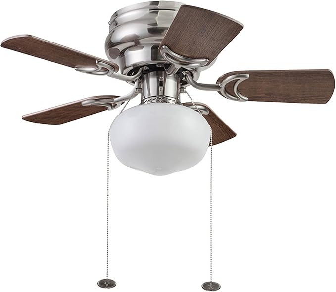 Prominence Home Hero, 28 Inch Traditional Flush Mount Indoor LED Ceiling Fan with Light, Pull Chain, Dual Finish Blades, Reversible Motor - 51656-01 (Brushed Nickel)