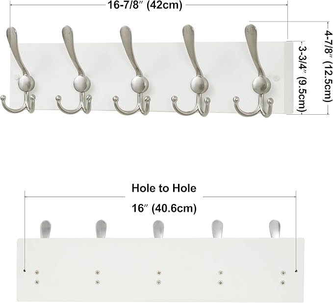 SKOLOO Creations White Solid Wood Wall Mounted Coat Rack, 5 Hooks, 17" Long - Kitchen, Mudroom, Entryway, Bathroom - Includes Mounting Hardware, Wall Coat Hanger, Towel Rack