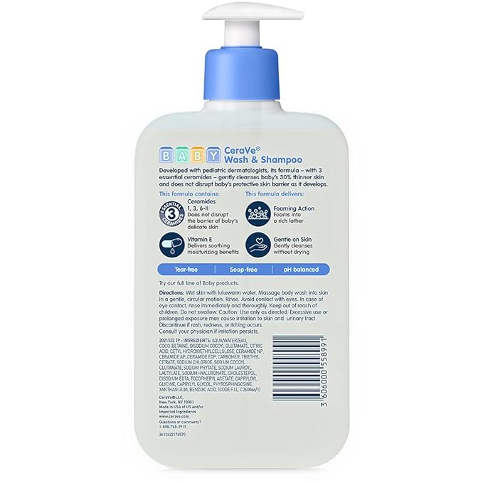 CeraVe Baby Wash & Shampoo, 2-in-1 Tear-Free for Skin Hair Fragrance, Paraben, Dye, Phthalates Sulfate Free Bath, Soap with Vitamin E 16 Ounce