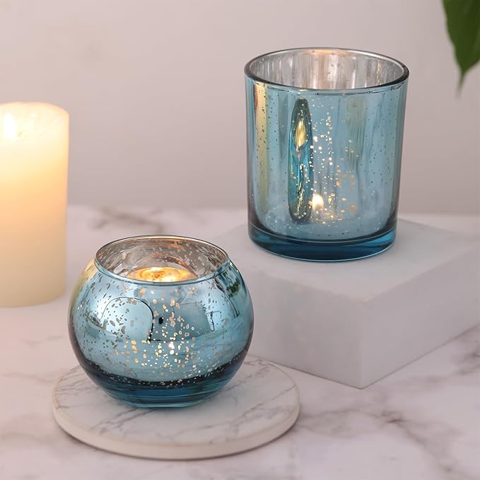 10 Pcs Assorted Lake Blue Votive Candle Holders, Larger Size Mercury Glass Candle Holder, Tealight Candle Holders for Wedding Decorations, Bridal Shower Table Decorations, Lake Blue Centerpieces