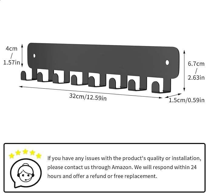 pickpiff 1 Pack Key Holder for Wall Adhesive, Key Hooks with 8 Hooks Wall Mounted, Black Key Hangers for Living Room, Kitchen, Office