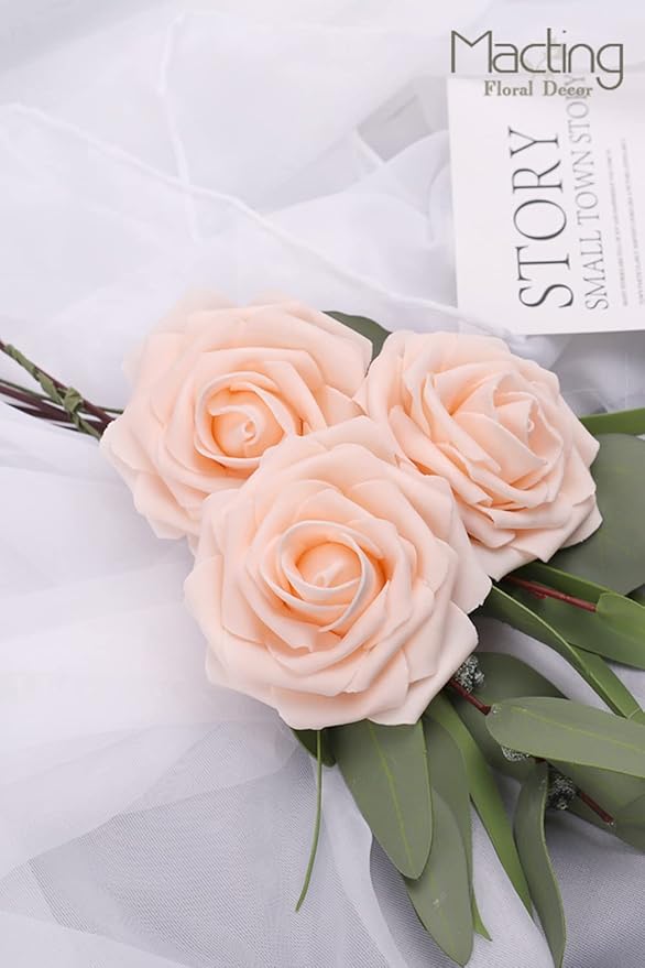 MACTING Artificial Flower Roses 30PCS Real Touch Fake Flowers with Stem Champagne Foam Roses for DIY Wedding Flower Bouquet Table Centerpieces Party Baby Shower Home Spring Mothers Day Decorations