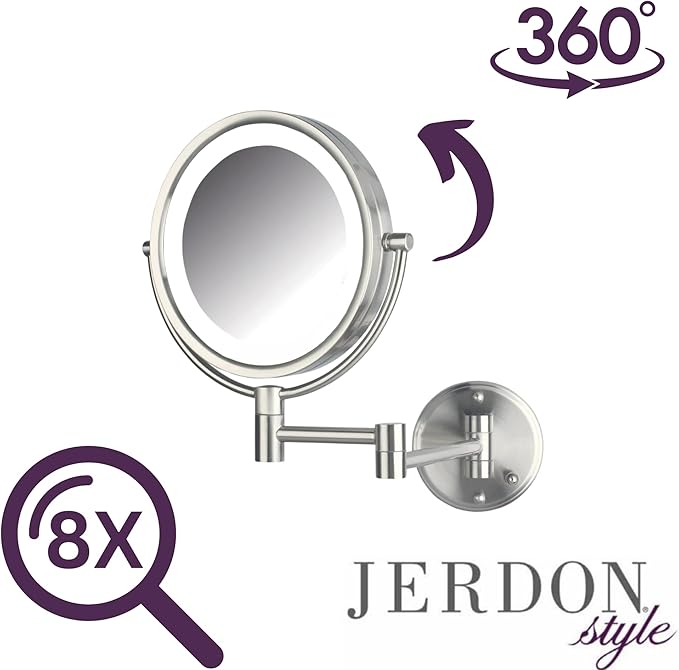 JERDON Wall-Mounted Makeup Mirror with Lights - Direct-Wired Lighted Makeup Mirror with 8X Magnification & Nickel Finish - Model HL88NLD